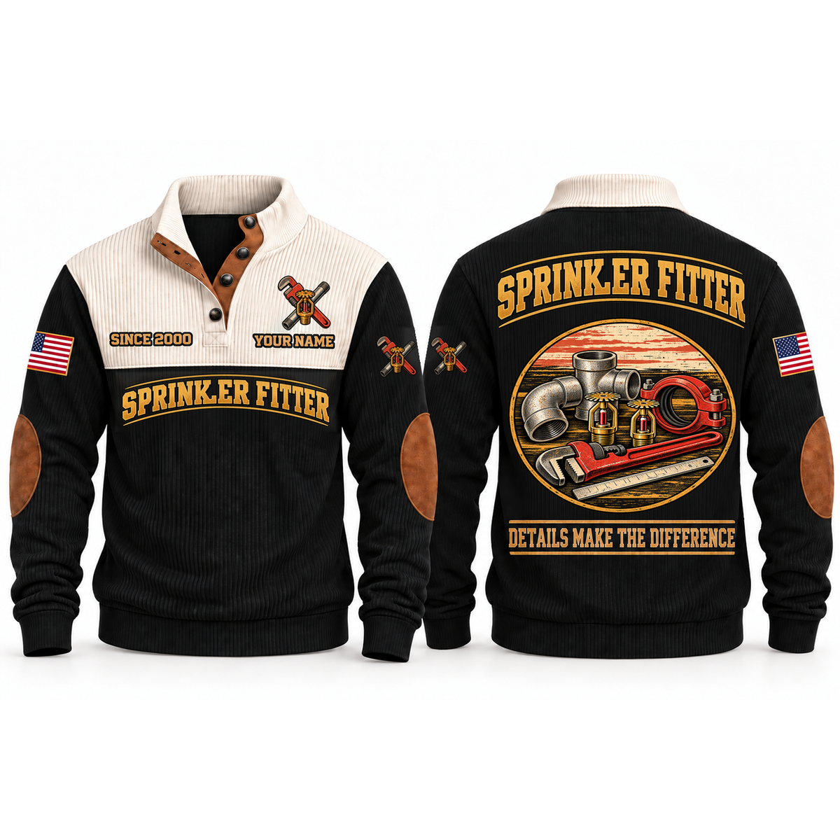 Sprinkler Fitter Fitted With Care Sports Sweatshirt in Black, front and back garment views with threaded pipe fittings, grooved coupling, fire sprinkler heads, pipe wrench and ruler, carefully arranged trade details, DETAILS MAKE THE DIFFERENCE lettering and source sample YOUR NAME and SINCE 2000 text.