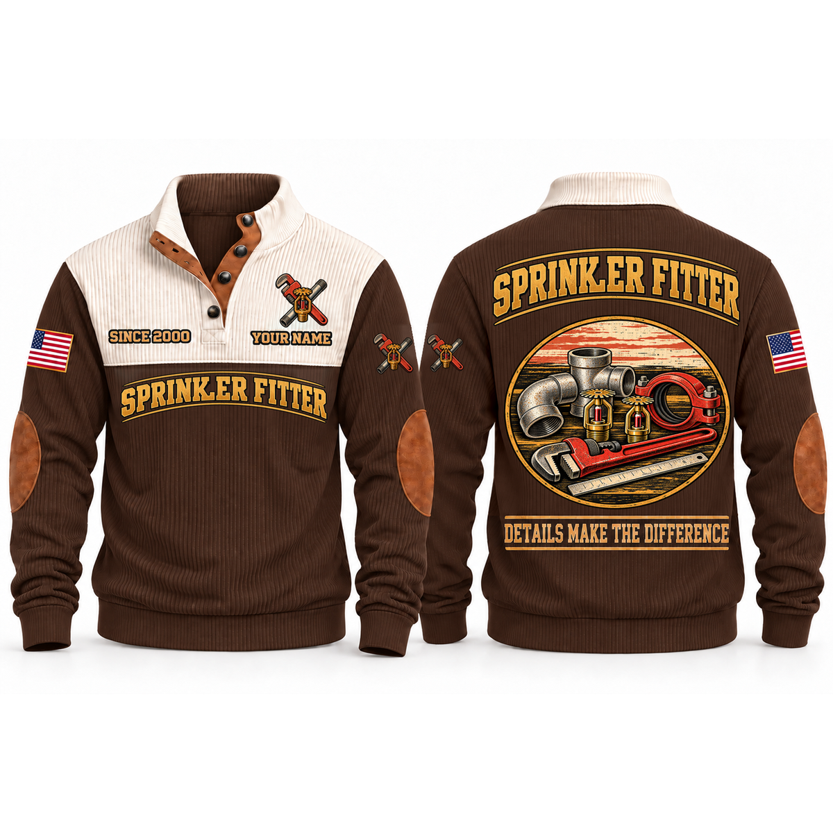 Sprinkler Fitter Fitted With Care Sports Sweatshirt in Brown, front and back garment views with threaded pipe fittings, grooved coupling, fire sprinkler heads, pipe wrench and ruler, carefully arranged trade details, DETAILS MAKE THE DIFFERENCE lettering and source sample YOUR NAME and SINCE 2000 text.