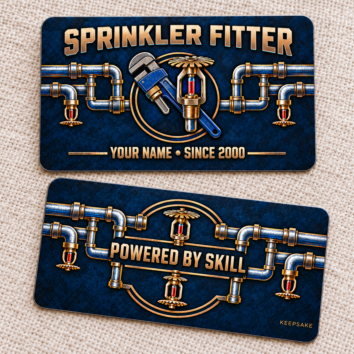Sprinkler Fitter Craft Camo Aluminum Wallet Card – product view with CUSTOM NAME and SINCE 2000