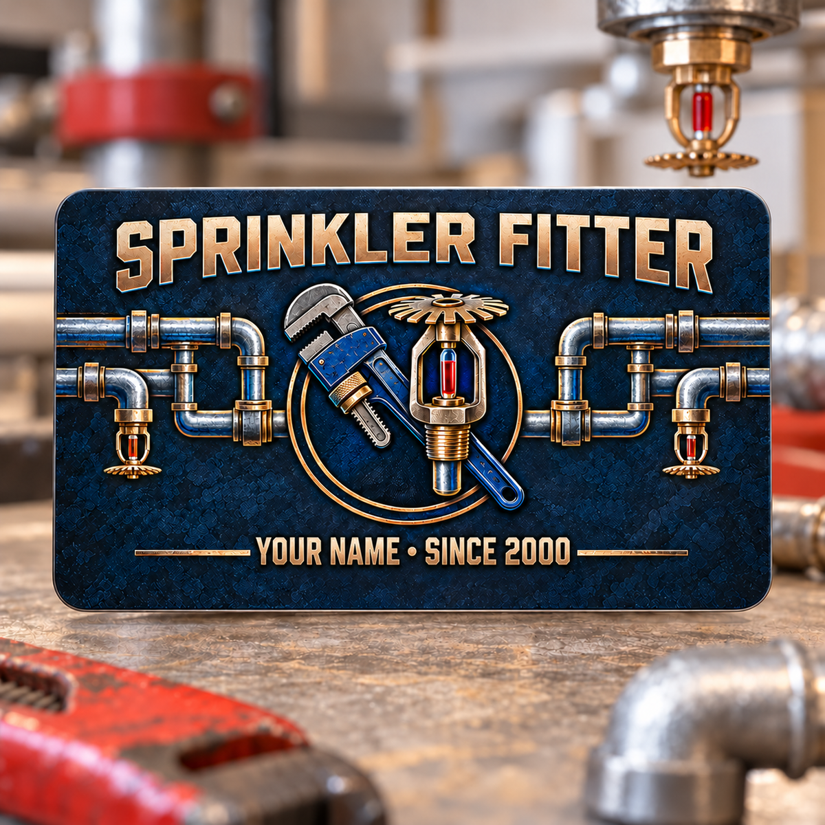 Sprinkler Fitter Craft Camo Aluminum Wallet Card – product view with CUSTOM NAME and SINCE 2000