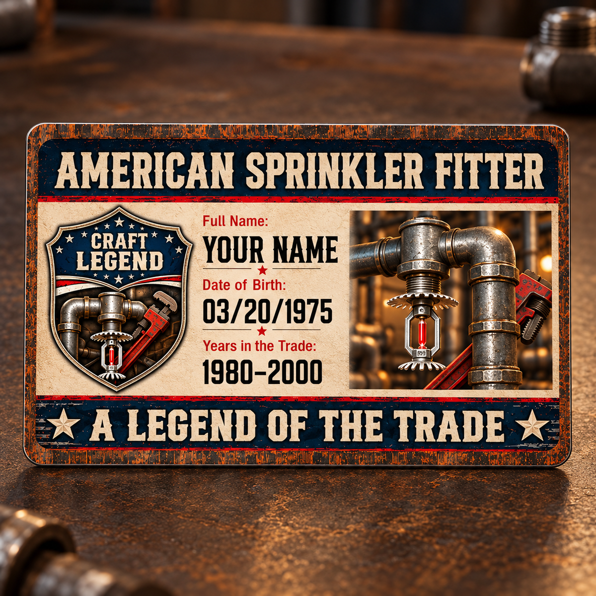 Sprinkler Fitter Craft Legend aluminum wallet card reverse with navy-and-cream identification-style artwork, connected fire-sprinkler piping, a pipe wrench and illustrative name, date and year text.