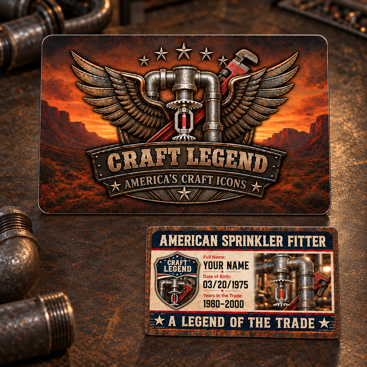 Sprinkler Fitter Craft Legend aluminum wallet card showing a bronze winged fire-sprinkler piping crest and smaller navy-and-cream reverse on a warm workshop tabletop; two views of one card.
