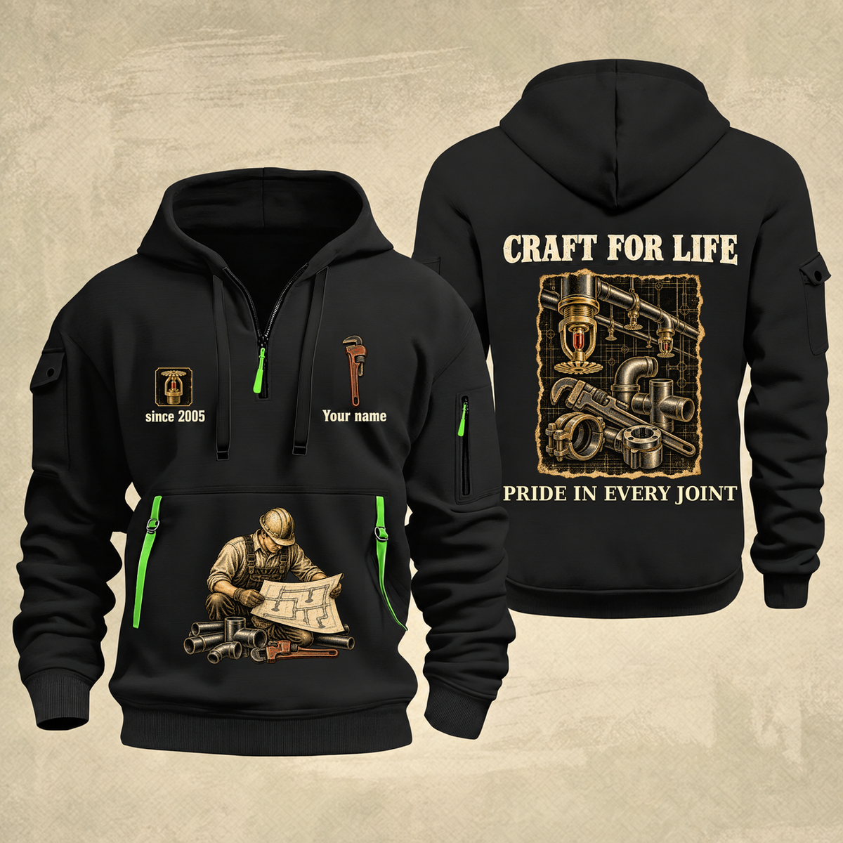 Sprinkler Fitter Craft For Life Quarter-Zip Hoodie in Black, full authentic front and back views with matching sprinkler fitter tools and equipment artwork, original sample name/year and Craft For Life slogan.