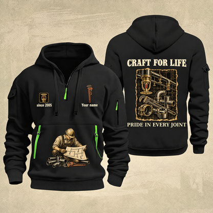 Sprinkler Fitter Craft For Life Quarter-Zip Hoodie in Black, full authentic front and back views with matching sprinkler fitter tools and equipment artwork, original sample name/year and Craft For Life slogan.