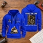 Sprinkler Fitter Craft For Life Quarter-Zip Hoodie in Blue, full authentic front and back views with matching sprinkler fitter tools and equipment artwork, original sample name/year and Craft For Life slogan. On a sprinkler fitter workbench.