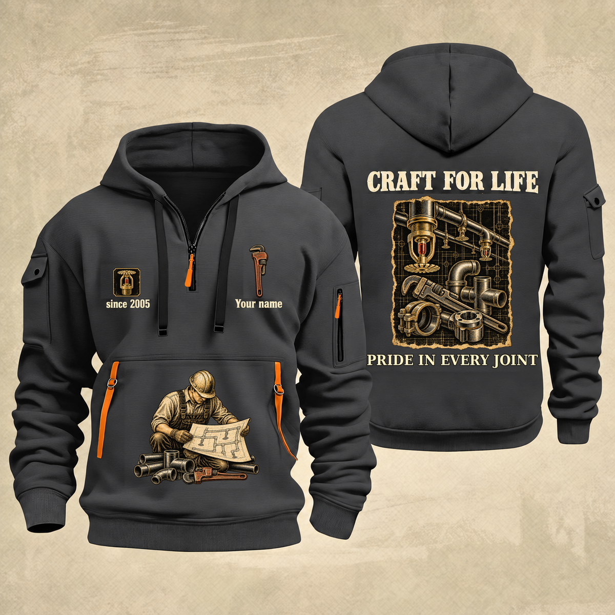 Sprinkler Fitter Craft For Life Quarter-Zip Hoodie in Gray, full authentic front and back views with matching sprinkler fitter tools and equipment artwork, original sample name/year and Craft For Life slogan.
