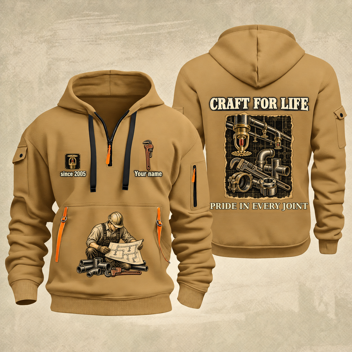 Sprinkler Fitter Craft For Life Quarter-Zip Hoodie in Khaki, full authentic front and back views with matching sprinkler fitter tools and equipment artwork, original sample name/year and Craft For Life slogan.