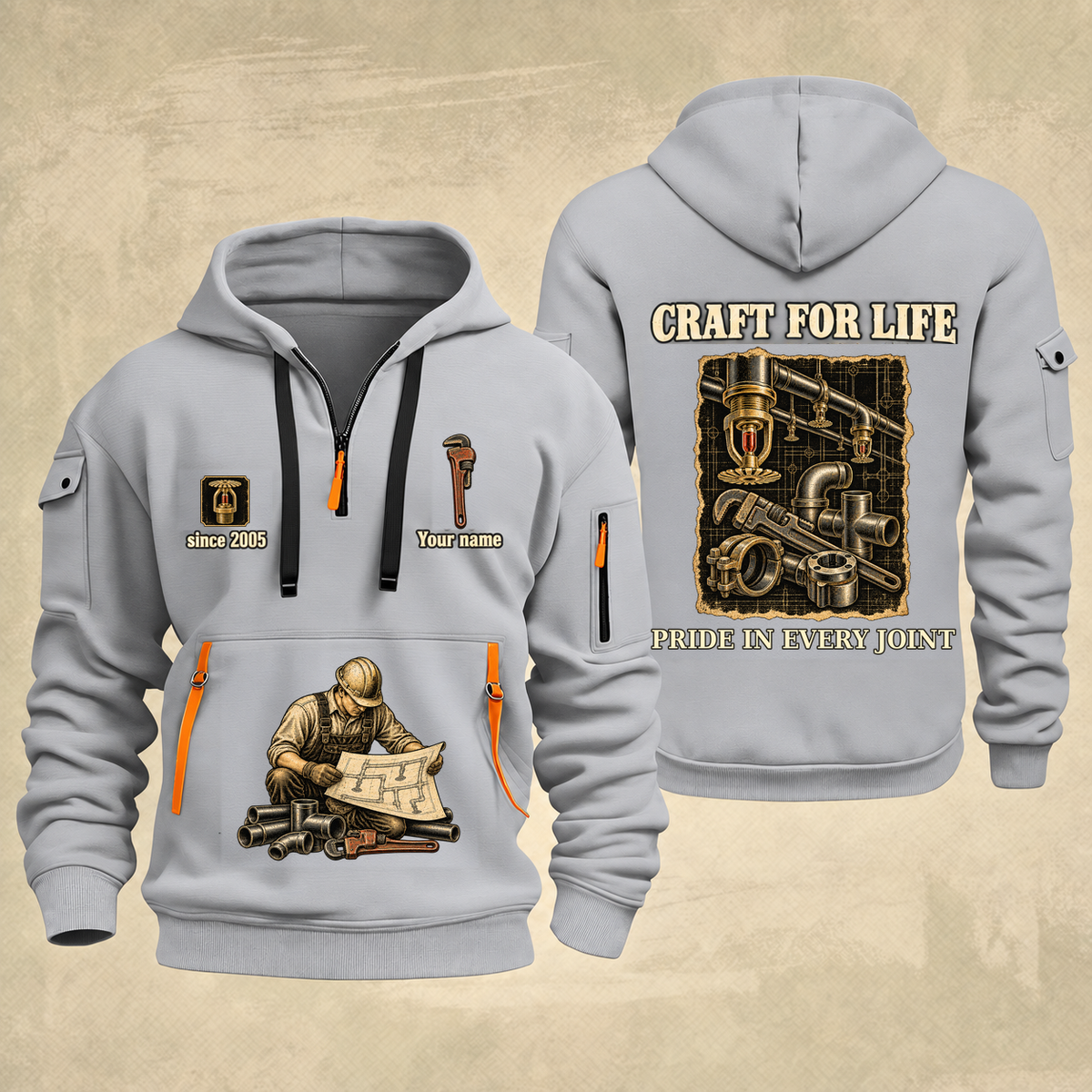 Sprinkler Fitter Craft For Life Quarter-Zip Hoodie in Light Grey, full authentic front and back views with matching sprinkler fitter tools and equipment artwork, original sample name/year and Craft For Life slogan.