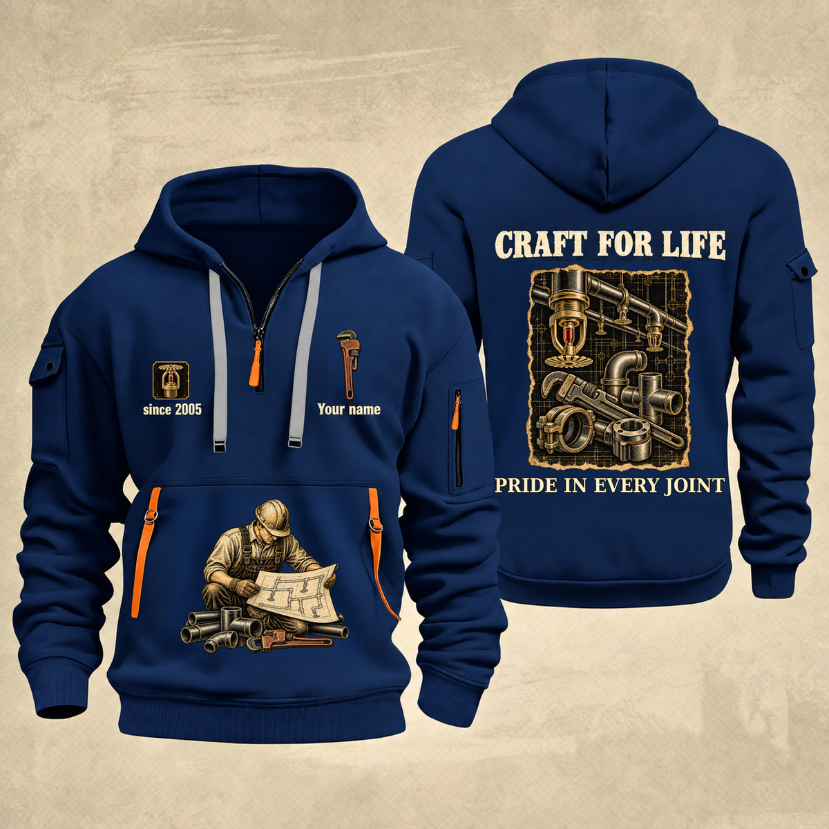 Sprinkler Fitter Craft For Life Quarter-Zip Hoodie in Navy, full authentic front and back views with matching sprinkler fitter tools and equipment artwork, original sample name/year and Craft For Life slogan.