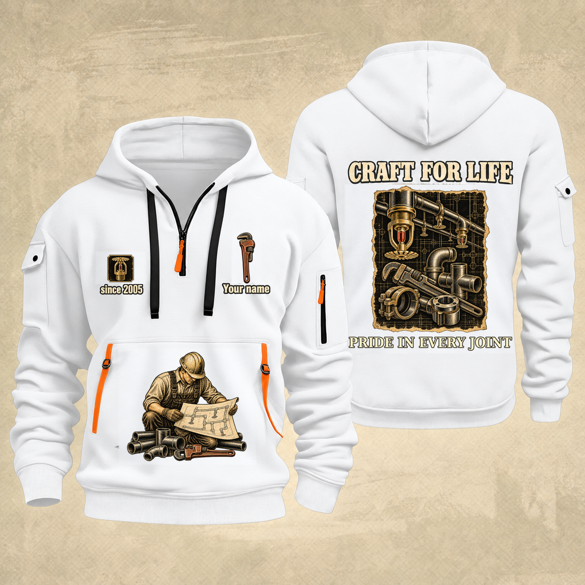 Sprinkler Fitter Craft For Life Quarter-Zip Hoodie in White, full authentic front and back views with matching sprinkler fitter tools and equipment artwork, original sample name/year and Craft For Life slogan.