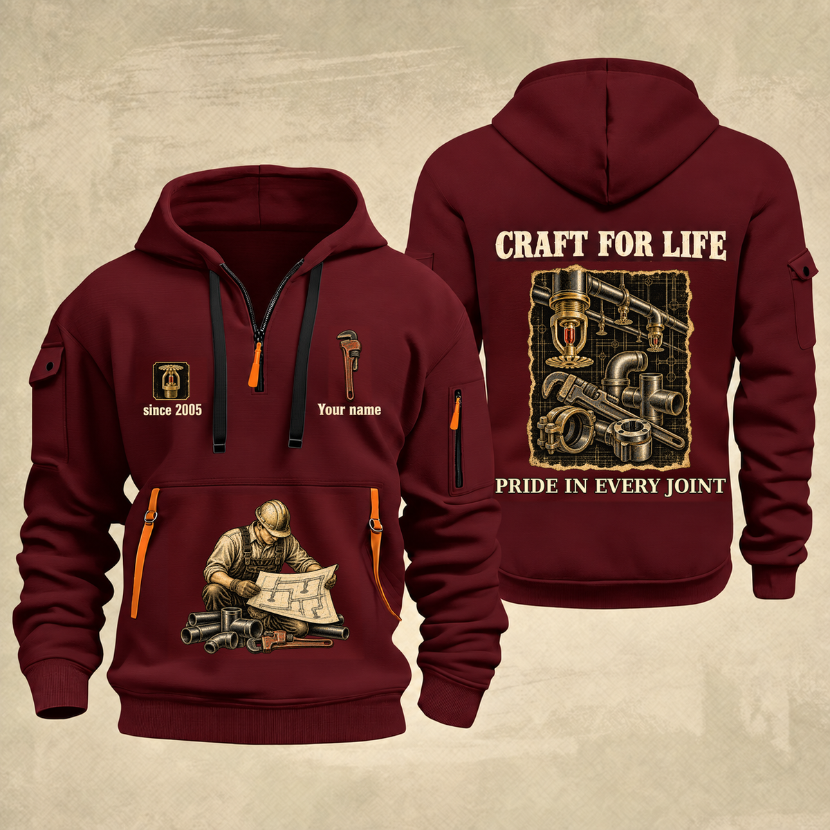 Sprinkler Fitter Craft For Life Quarter-Zip Hoodie in Wine Red, full authentic front and back views with matching sprinkler fitter tools and equipment artwork, original sample name/year and Craft For Life slogan.