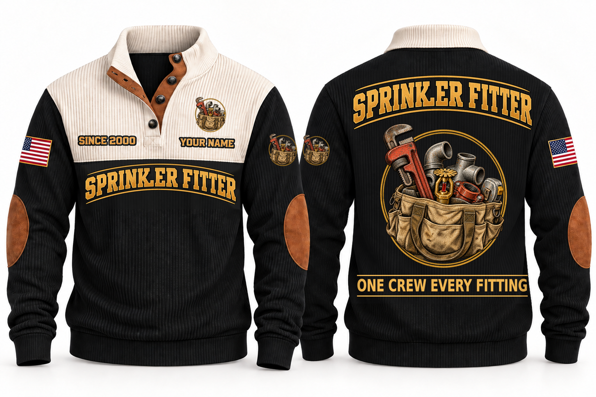 Sprinkler Fitter Fitting Crew Sports Sweatshirt in Black, full front and back garment views with pipe wrench, threaded fittings, sprinkler head, tape measure and tool bag artwork, ONE CREW EVERY FITTING wording and source sample YOUR NAME and SINCE 2000 text.