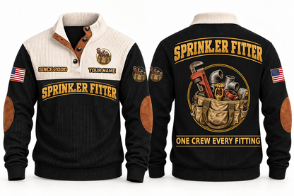 Sprinkler Fitter Fitting Crew Sports Sweatshirt in Black, full front and back garment views with pipe wrench, threaded fittings, sprinkler head, tape measure and tool bag artwork, ONE CREW EVERY FITTING wording and source sample YOUR NAME and SINCE 2000 text.