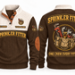 Sprinkler Fitter Fitting Crew Sports Sweatshirt in Brown, full front and back garment views with pipe wrench, threaded fittings, sprinkler head, tape measure and tool bag artwork, ONE CREW EVERY FITTING wording and source sample YOUR NAME and SINCE 2000 text.