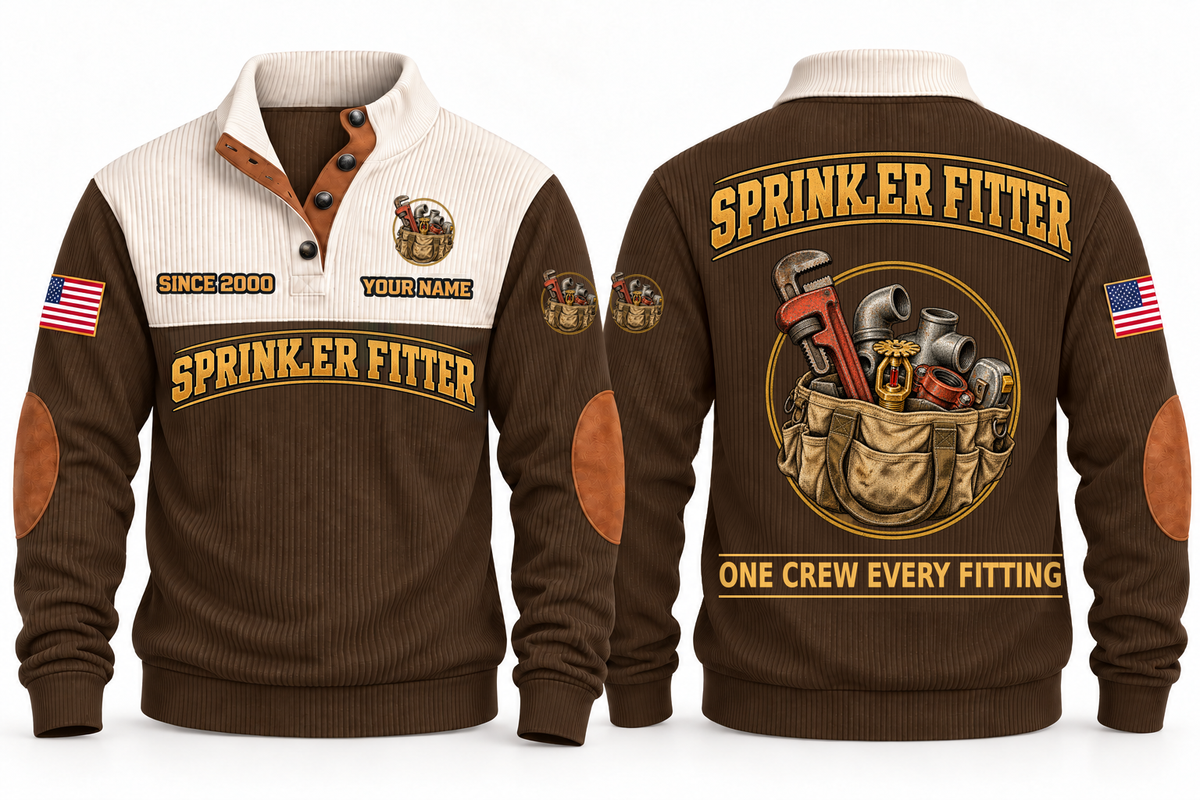 Sprinkler Fitter Fitting Crew Sports Sweatshirt in Brown, full front and back garment views with pipe wrench, threaded fittings, sprinkler head, tape measure and tool bag artwork, ONE CREW EVERY FITTING wording and source sample YOUR NAME and SINCE 2000 text.
