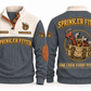 Sprinkler Fitter Fitting Crew Sports Sweatshirt in Grey, full front and back garment views with pipe wrench, threaded fittings, sprinkler head, tape measure and tool bag artwork, ONE CREW EVERY FITTING wording and source sample YOUR NAME and SINCE 2000 text.
