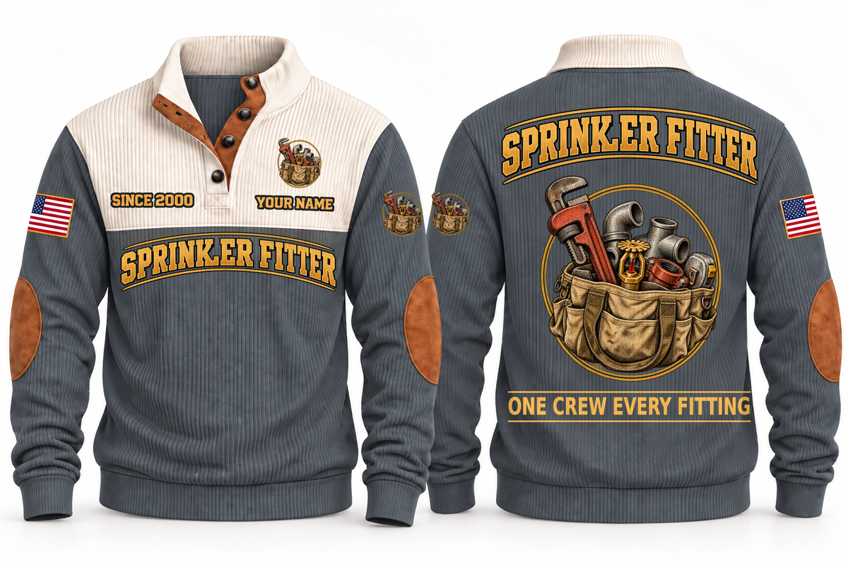 Sprinkler Fitter Fitting Crew Sports Sweatshirt in Grey, full front and back garment views with pipe wrench, threaded fittings, sprinkler head, tape measure and tool bag artwork, ONE CREW EVERY FITTING wording and source sample YOUR NAME and SINCE 2000 text.