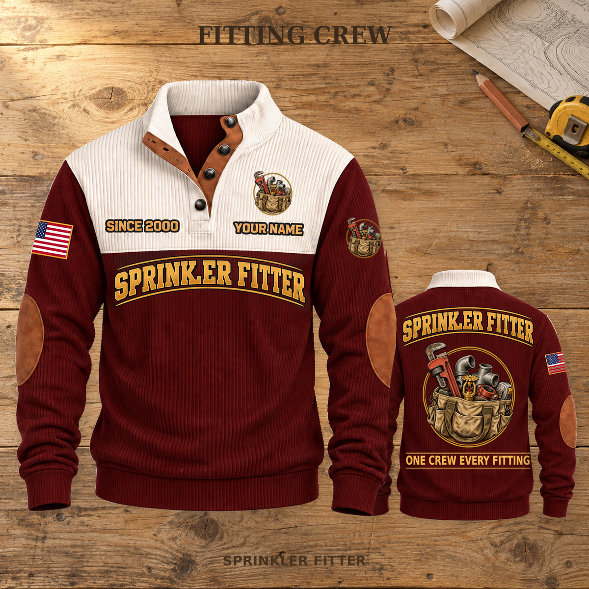 Sprinkler Fitter Fitting Crew Sports Sweatshirt in Jujube Red, dominant front and smaller back view on a warm wooden workbench, with FITTING CREW headline.