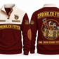 Sprinkler Fitter Fitting Crew Sports Sweatshirt in Jujube Red, full front and back garment views with pipe wrench, threaded fittings, sprinkler head, tape measure and tool bag artwork, ONE CREW EVERY FITTING wording and source sample YOUR NAME and SINCE 2000 text.