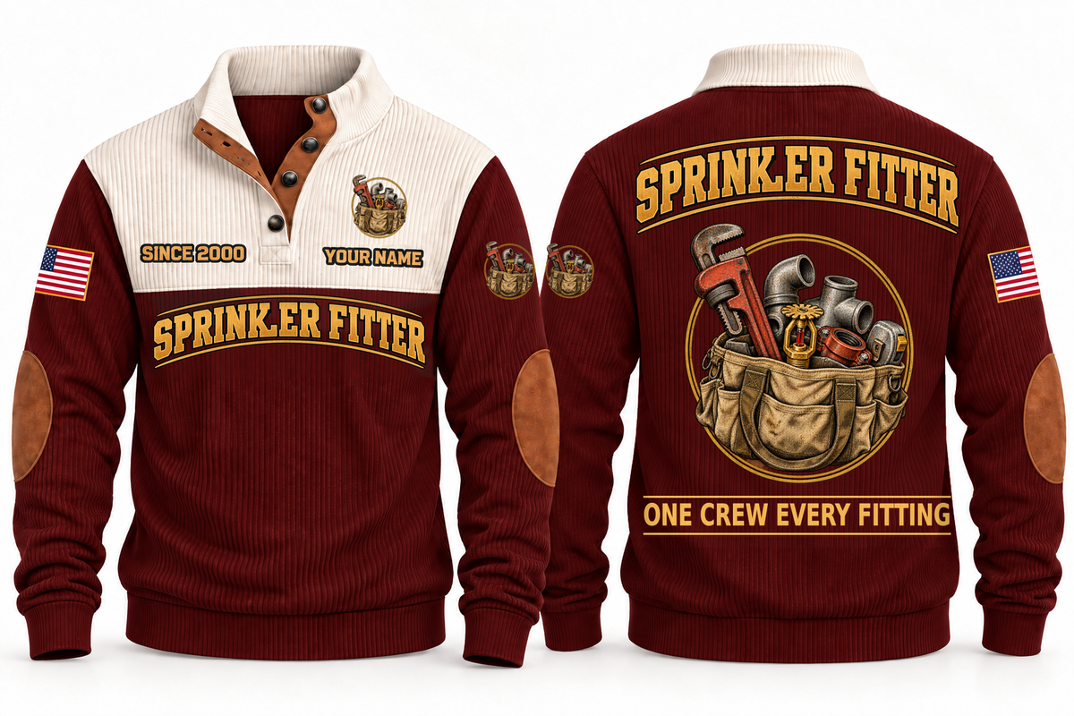 Sprinkler Fitter Fitting Crew Sports Sweatshirt in Jujube Red, full front and back garment views with pipe wrench, threaded fittings, sprinkler head, tape measure and tool bag artwork, ONE CREW EVERY FITTING wording and source sample YOUR NAME and SINCE 2000 text.