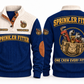 Sprinkler Fitter Fitting Crew Sports Sweatshirt in Navy, full front and back garment views with pipe wrench, threaded fittings, sprinkler head, tape measure and tool bag artwork, ONE CREW EVERY FITTING wording and source sample YOUR NAME and SINCE 2000 text.