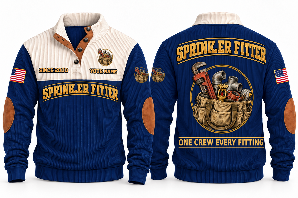 Sprinkler Fitter Fitting Crew Sports Sweatshirt in Navy, full front and back garment views with pipe wrench, threaded fittings, sprinkler head, tape measure and tool bag artwork, ONE CREW EVERY FITTING wording and source sample YOUR NAME and SINCE 2000 text.