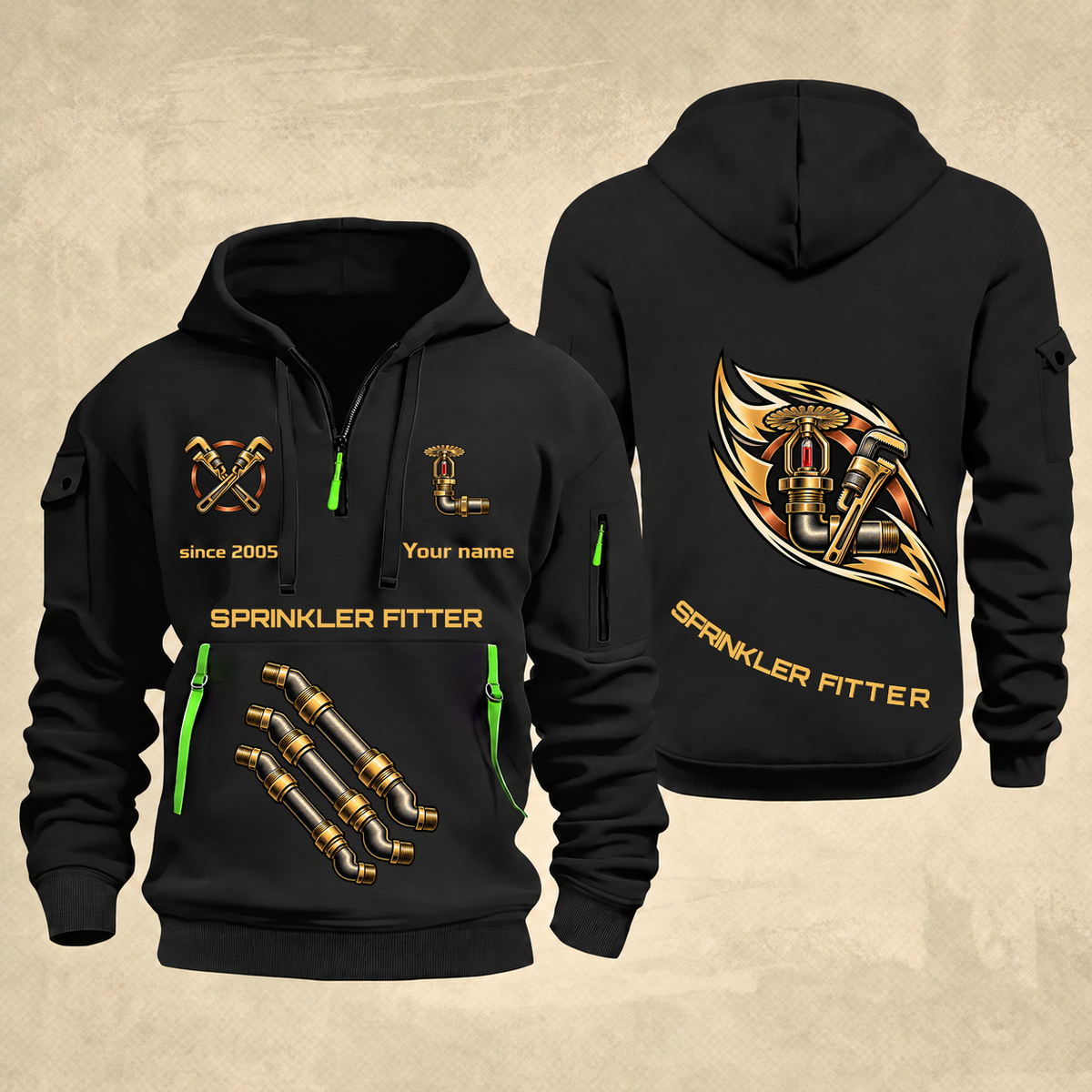 Sprinkler Fitter Flow of Craft Quarter-Zip Hoodie in Black, full authentic front and back views with matching sprinkler fitter tools and equipment artwork, original sample name/year and curved gold occupation lettering.