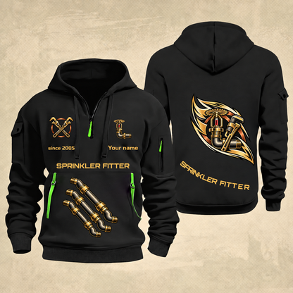 Sprinkler Fitter Flow of Craft Quarter-Zip Hoodie in Black, full authentic front and back views with matching sprinkler fitter tools and equipment artwork, original sample name/year and curved gold occupation lettering.