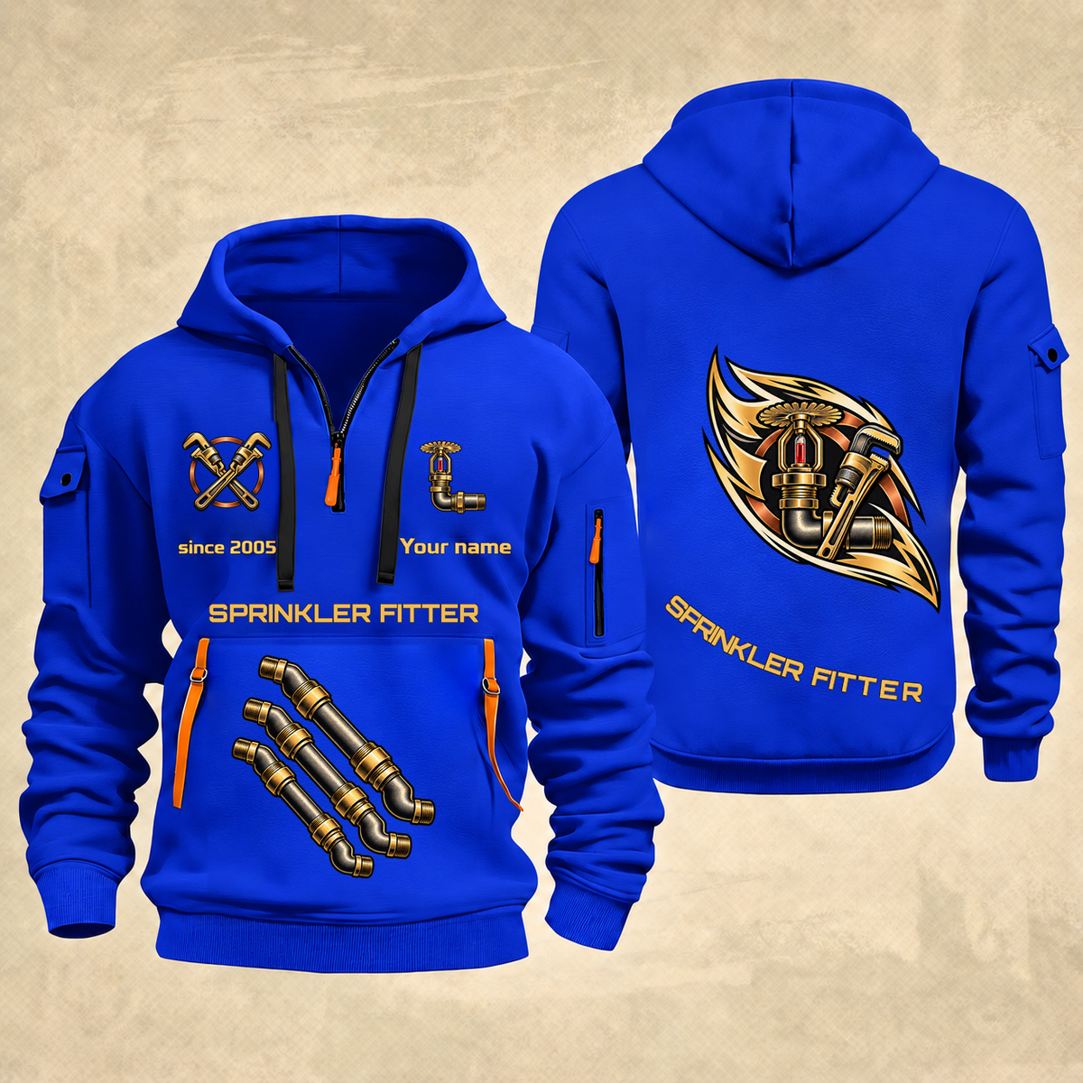 Sprinkler Fitter Flow of Craft Quarter-Zip Hoodie in Blue, full authentic front and back views with matching sprinkler fitter tools and equipment artwork, original sample name/year and curved gold occupation lettering.