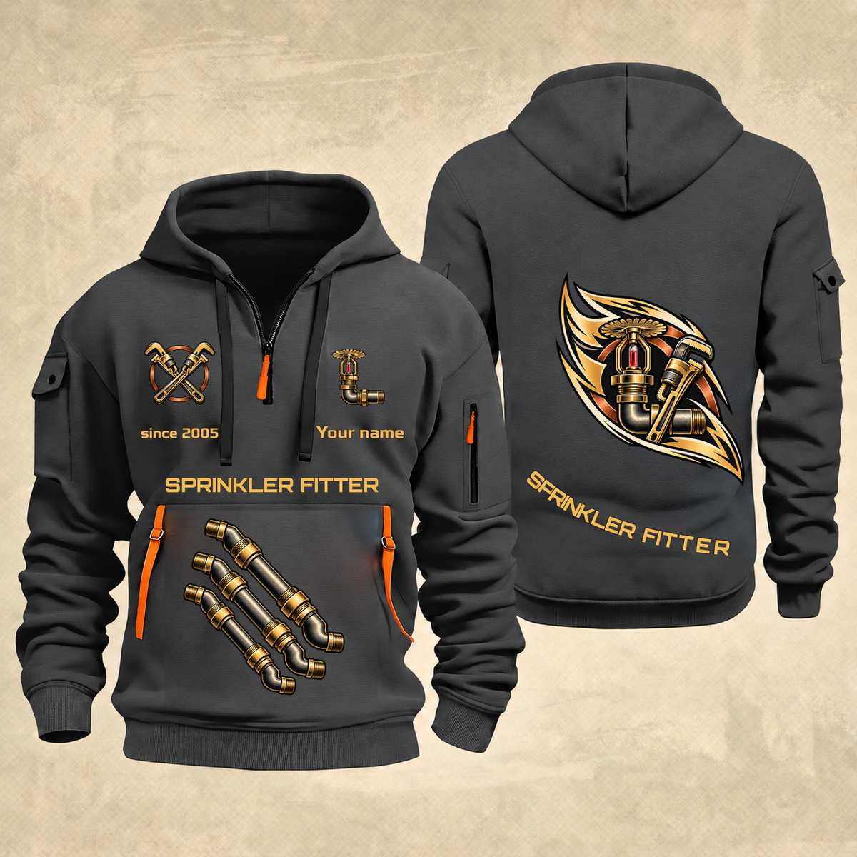 Sprinkler Fitter Flow of Craft Quarter-Zip Hoodie in Gray, full authentic front and back views with matching sprinkler fitter tools and equipment artwork, original sample name/year and curved gold occupation lettering.