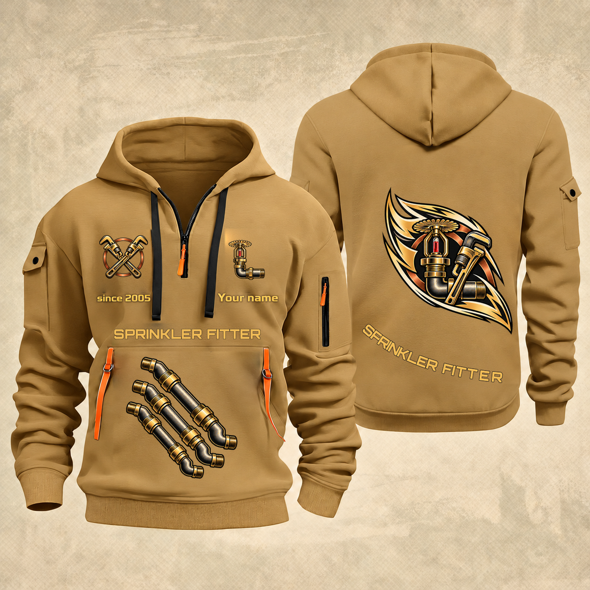Sprinkler Fitter Flow of Craft Quarter-Zip Hoodie in Khaki, full authentic front and back views with matching sprinkler fitter tools and equipment artwork, original sample name/year and curved gold occupation lettering.