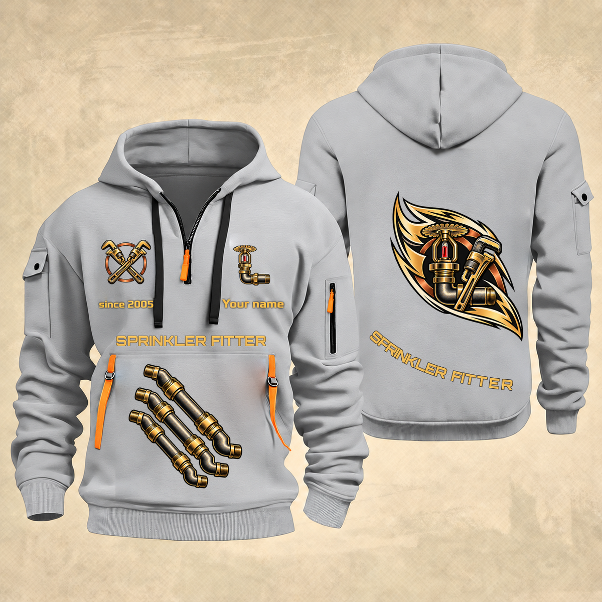 Sprinkler Fitter Flow of Craft Quarter-Zip Hoodie in Light Grey, full authentic front and back views with matching sprinkler fitter tools and equipment artwork, original sample name/year and curved gold occupation lettering.