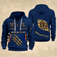 Sprinkler Fitter Flow of Craft Quarter-Zip Hoodie in Navy, full authentic front and back views with matching sprinkler fitter tools and equipment artwork, original sample name/year and curved gold occupation lettering.