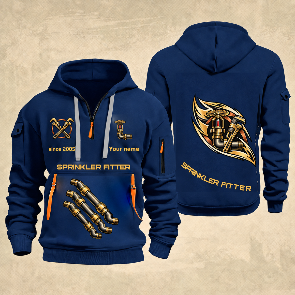 Sprinkler Fitter Flow of Craft Quarter-Zip Hoodie in Navy, full authentic front and back views with matching sprinkler fitter tools and equipment artwork, original sample name/year and curved gold occupation lettering.
