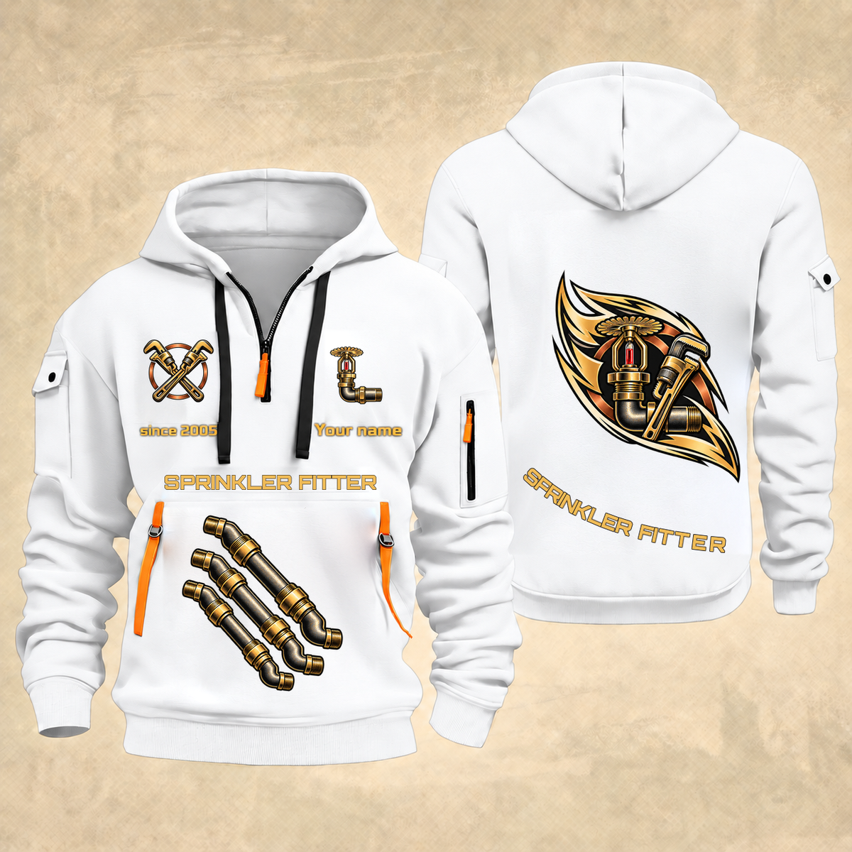Sprinkler Fitter Flow of Craft Quarter-Zip Hoodie in White, full authentic front and back views with matching sprinkler fitter tools and equipment artwork, original sample name/year and curved gold occupation lettering.