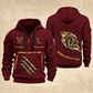 Sprinkler Fitter Flow of Craft Quarter-Zip Hoodie in Wine Red, full authentic front and back views with matching sprinkler fitter tools and equipment artwork, original sample name/year and curved gold occupation lettering.