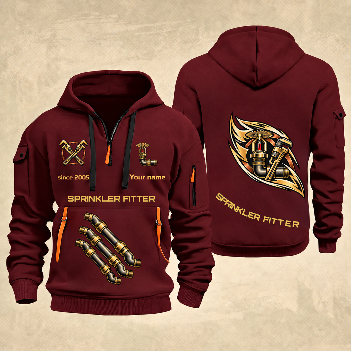 Sprinkler Fitter Flow of Craft Quarter-Zip Hoodie in Wine Red, full authentic front and back views with matching sprinkler fitter tools and equipment artwork, original sample name/year and curved gold occupation lettering.