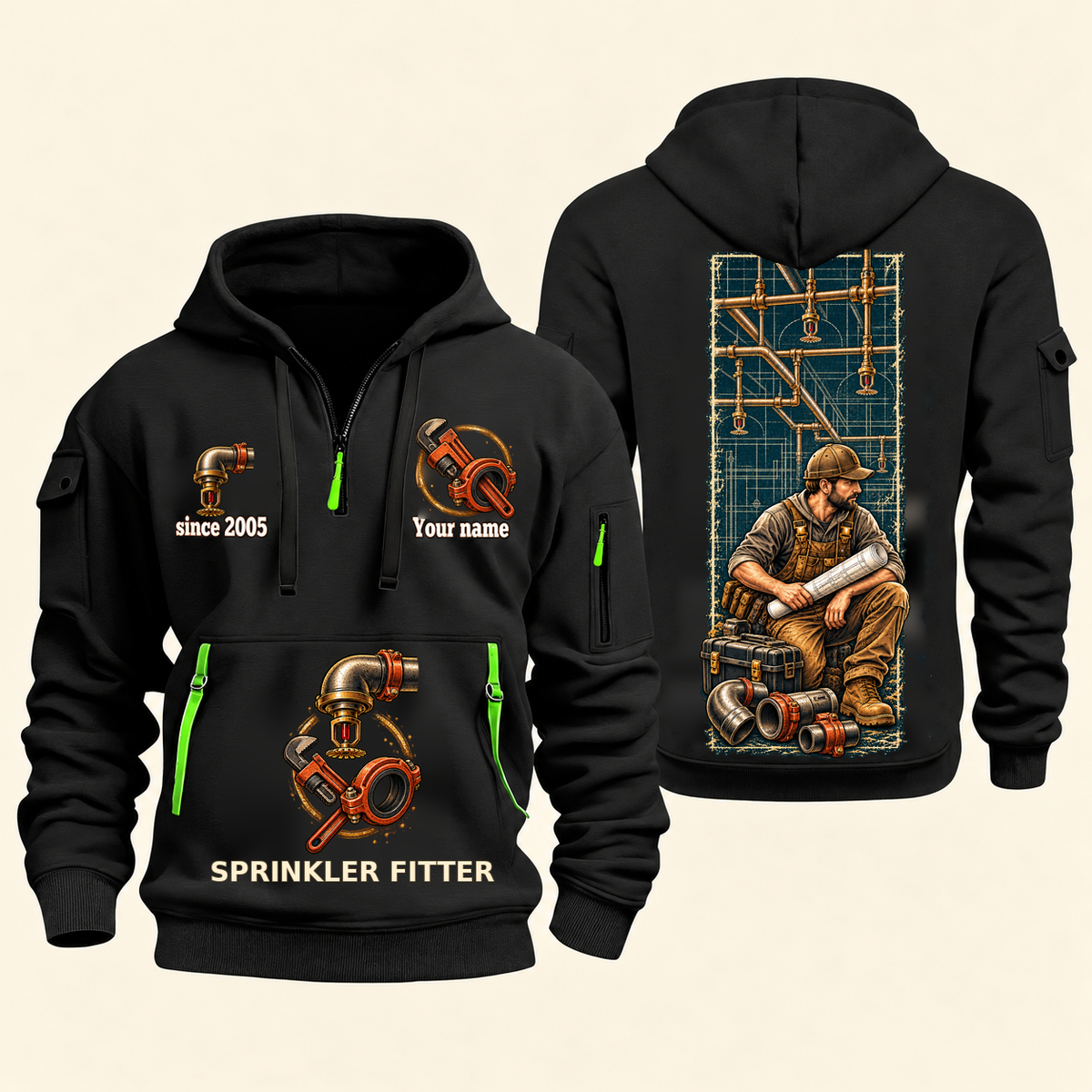 Sprinkler Fitter Daily Groundwork Quarter-Zip Hoodie in Black, complete front and back views