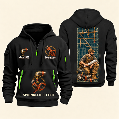 Sprinkler Fitter Daily Groundwork Quarter-Zip Hoodie in Black, complete front and back views