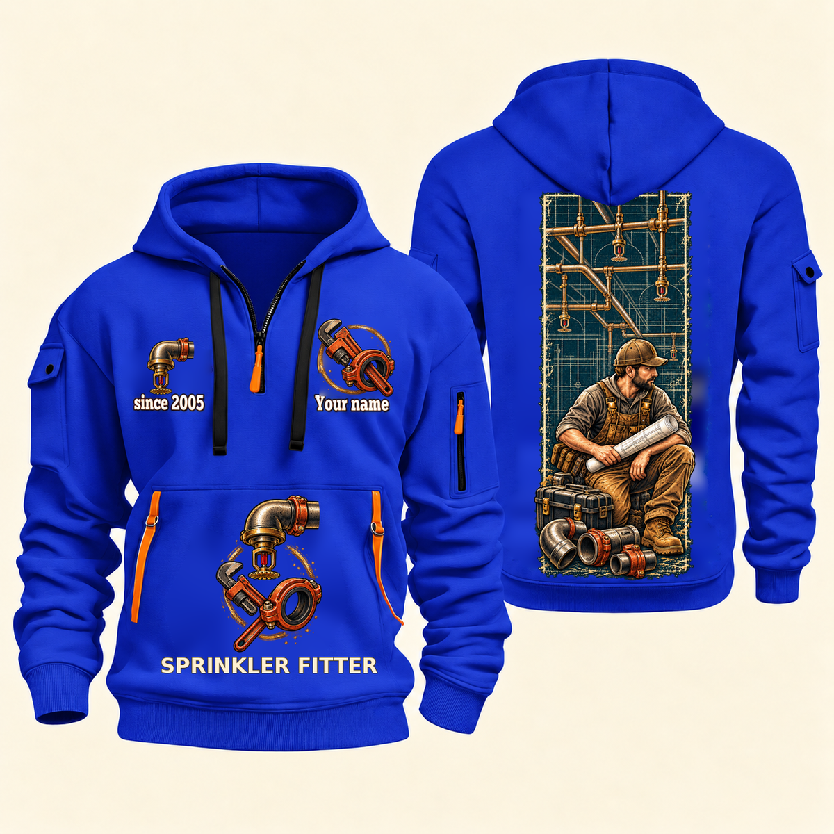 Sprinkler Fitter Daily Groundwork Quarter-Zip Hoodie in Blue, complete front and back views