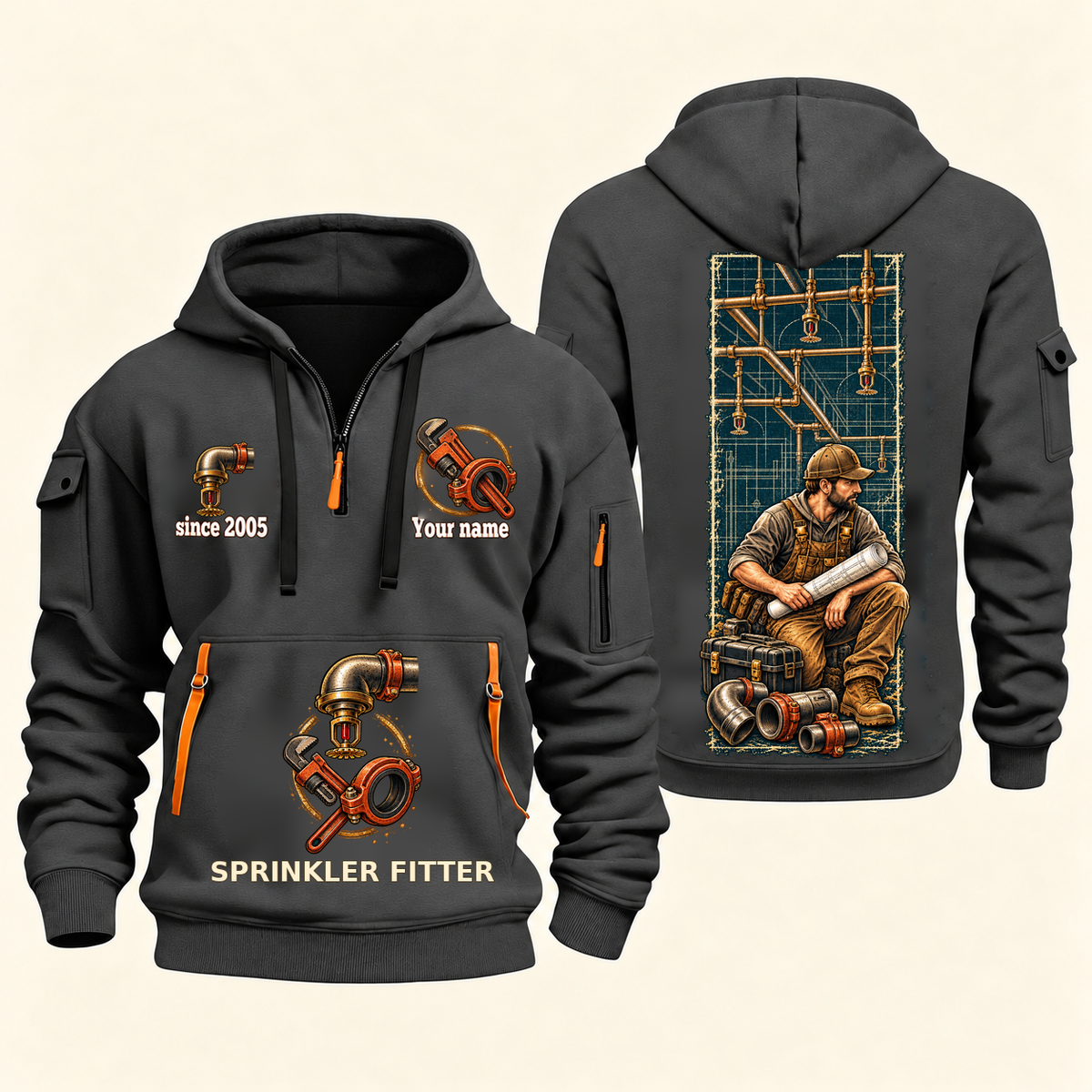 Sprinkler Fitter Daily Groundwork Quarter-Zip Hoodie in Gray, complete front and back views