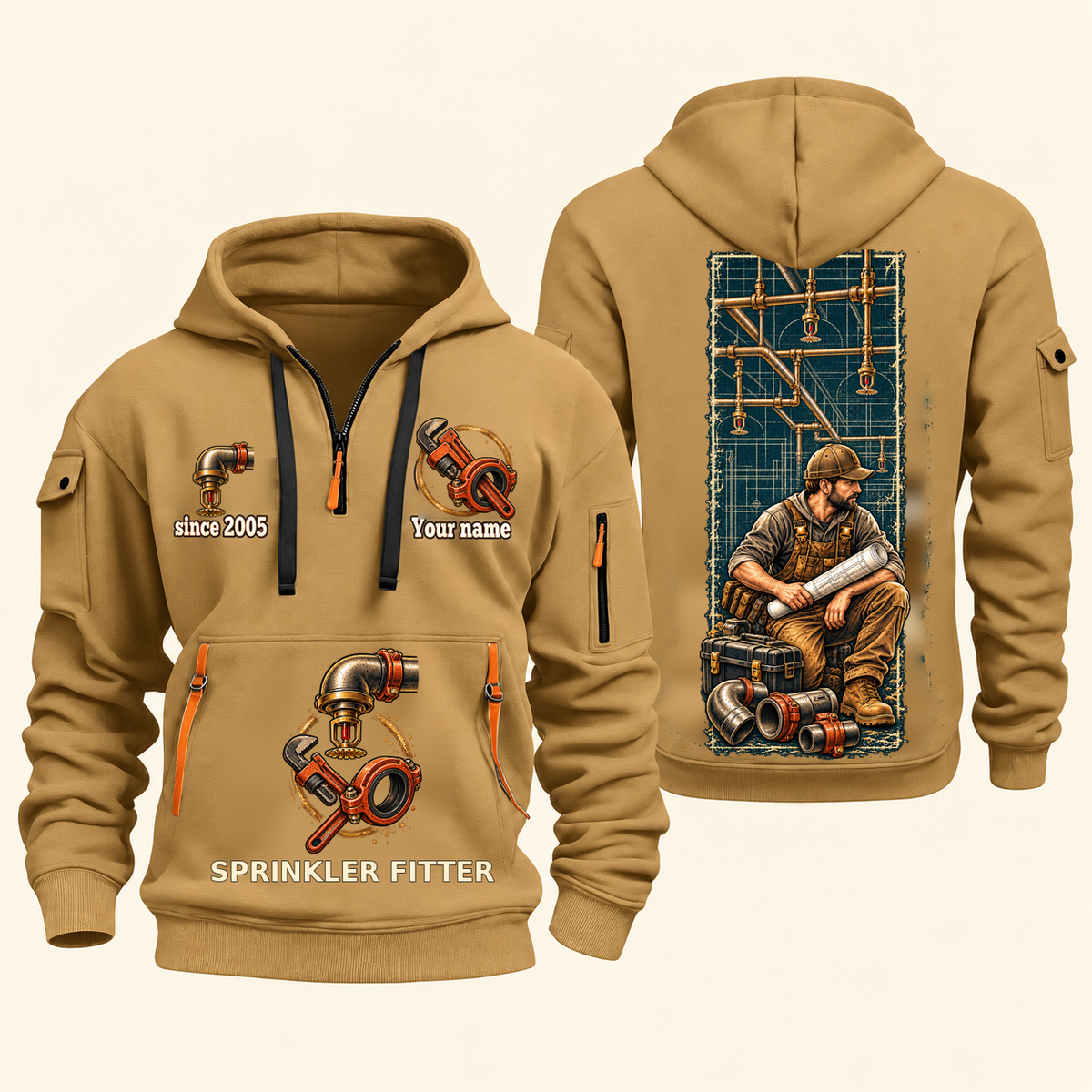 Sprinkler Fitter Daily Groundwork Quarter-Zip Hoodie in Khaki, complete front and back views