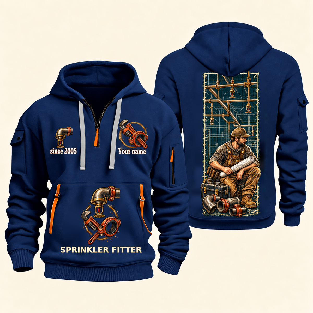 Sprinkler Fitter Daily Groundwork Quarter-Zip Hoodie in Navy, complete front and back views