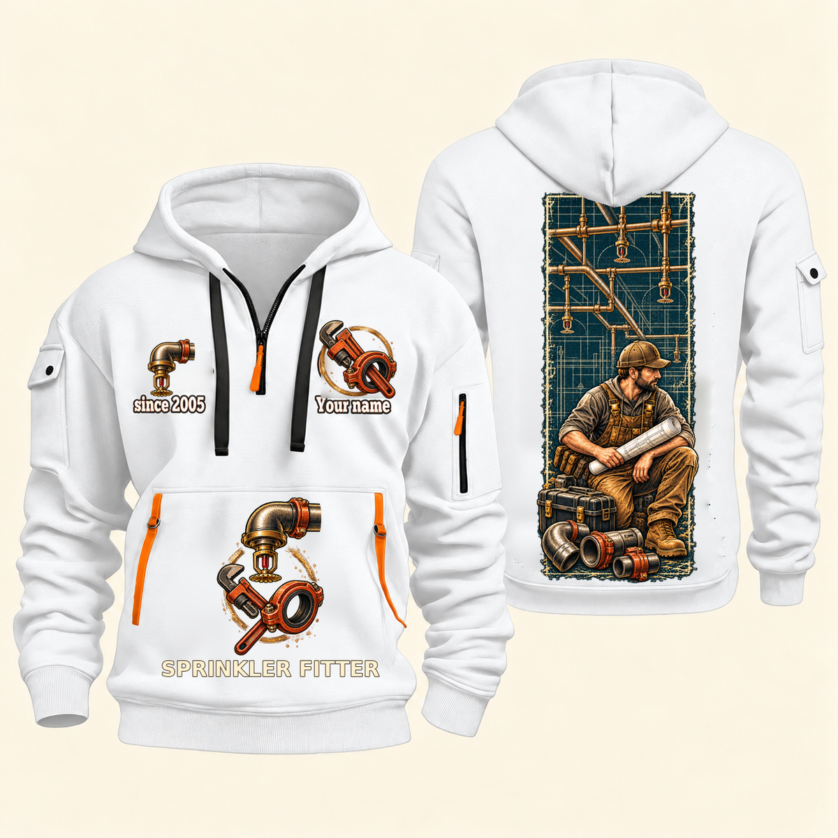 Sprinkler Fitter Daily Groundwork Quarter-Zip Hoodie in White, complete front and back views