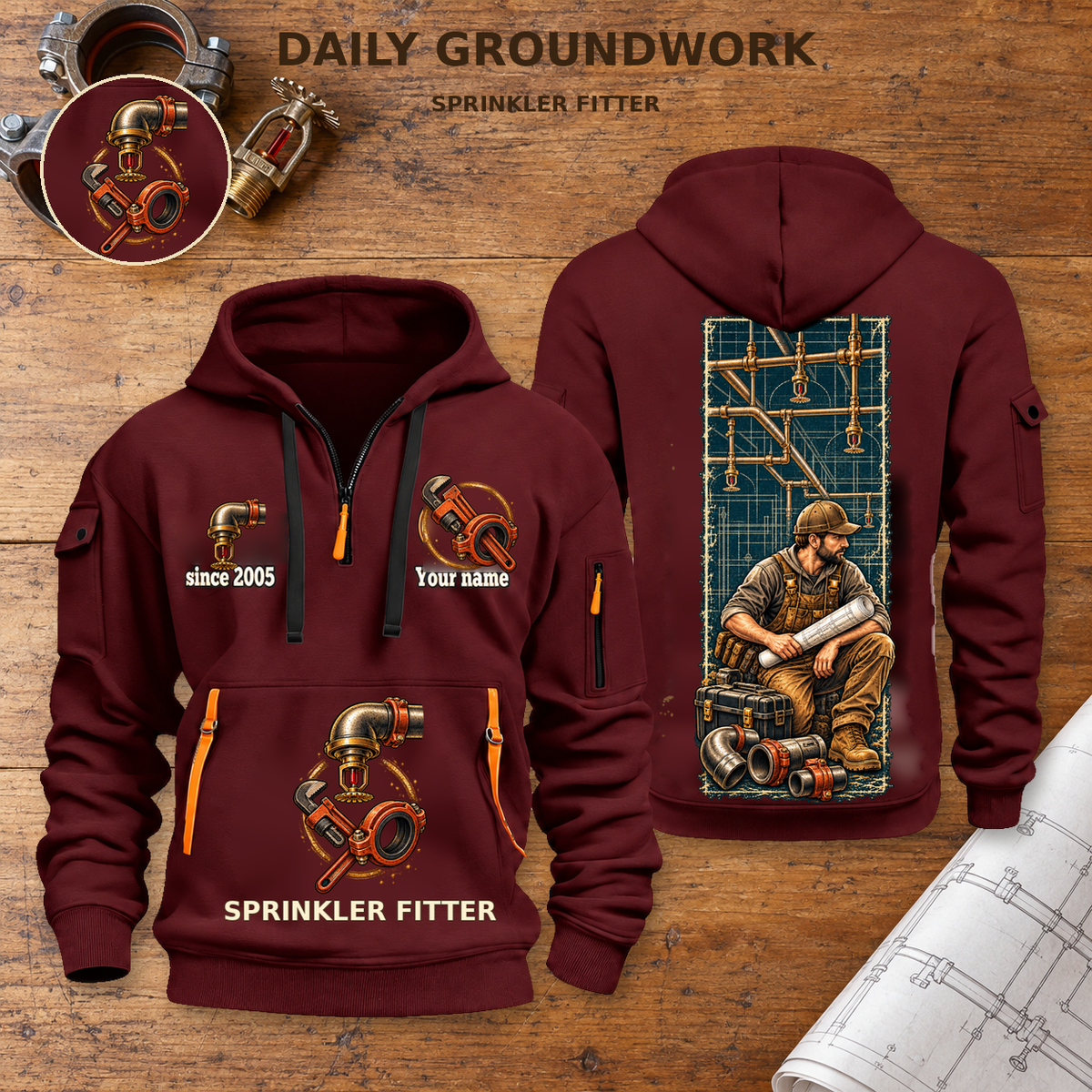 Sprinkler Fitter Daily Groundwork Quarter-Zip Hoodie in Wine Red, complete front and back pair with circular pocket-art detail