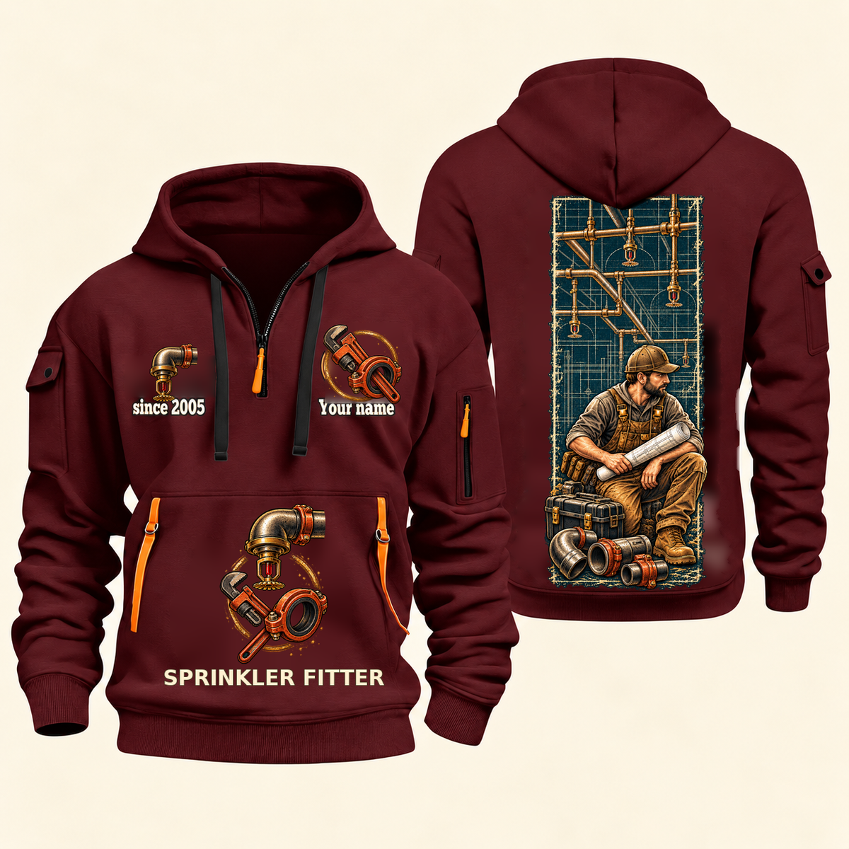 Sprinkler Fitter Daily Groundwork Quarter-Zip Hoodie in Wine Red, complete front and back views