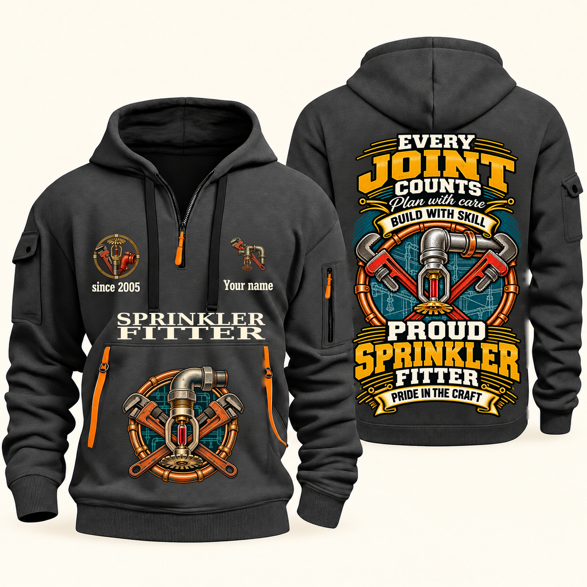 Sprinkler Fitter Every Joint Counts Quarter-Zip Hoodie in Gray, authentic overlapping front and back views with sprinkler fitter artwork and source sample name/year lettering.