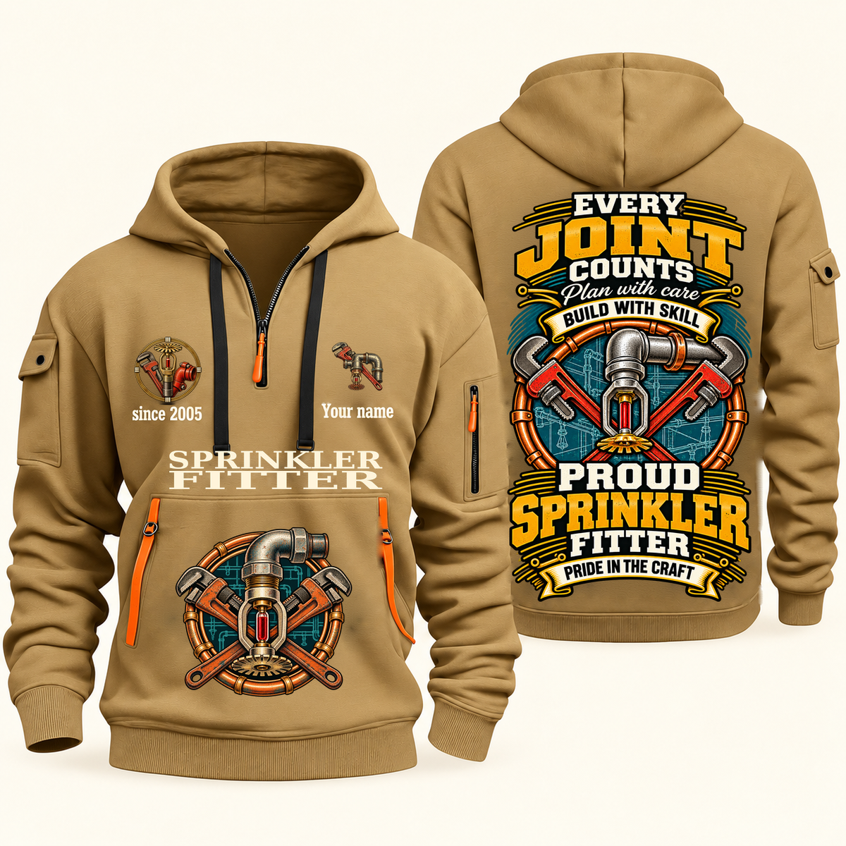 Sprinkler Fitter Every Joint Counts Quarter-Zip Hoodie in Khaki, authentic overlapping front and back views with sprinkler fitter artwork and source sample name/year lettering.