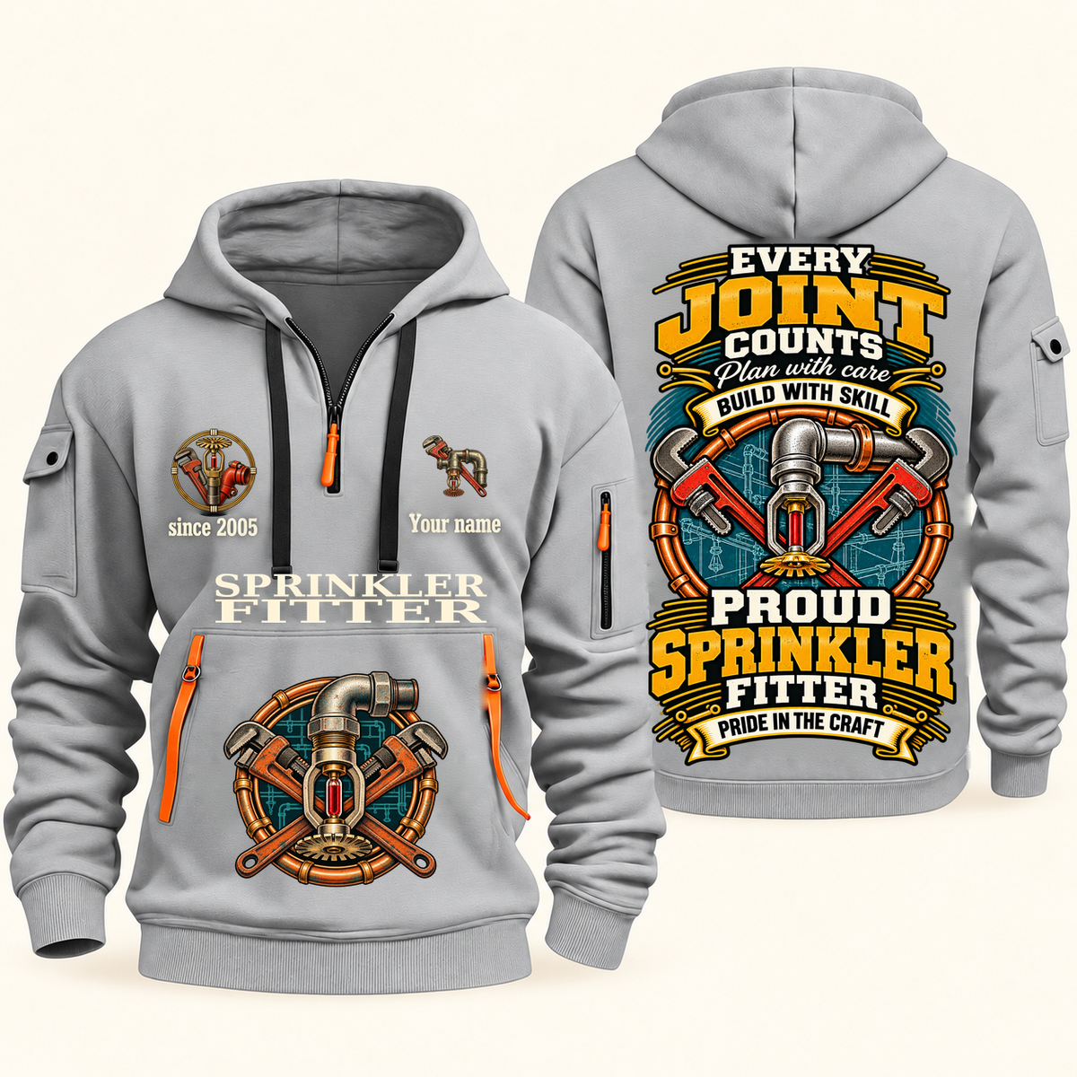 Sprinkler Fitter Every Joint Counts Quarter-Zip Hoodie in Light Grey, authentic overlapping front and back views with sprinkler fitter artwork and source sample name/year lettering.