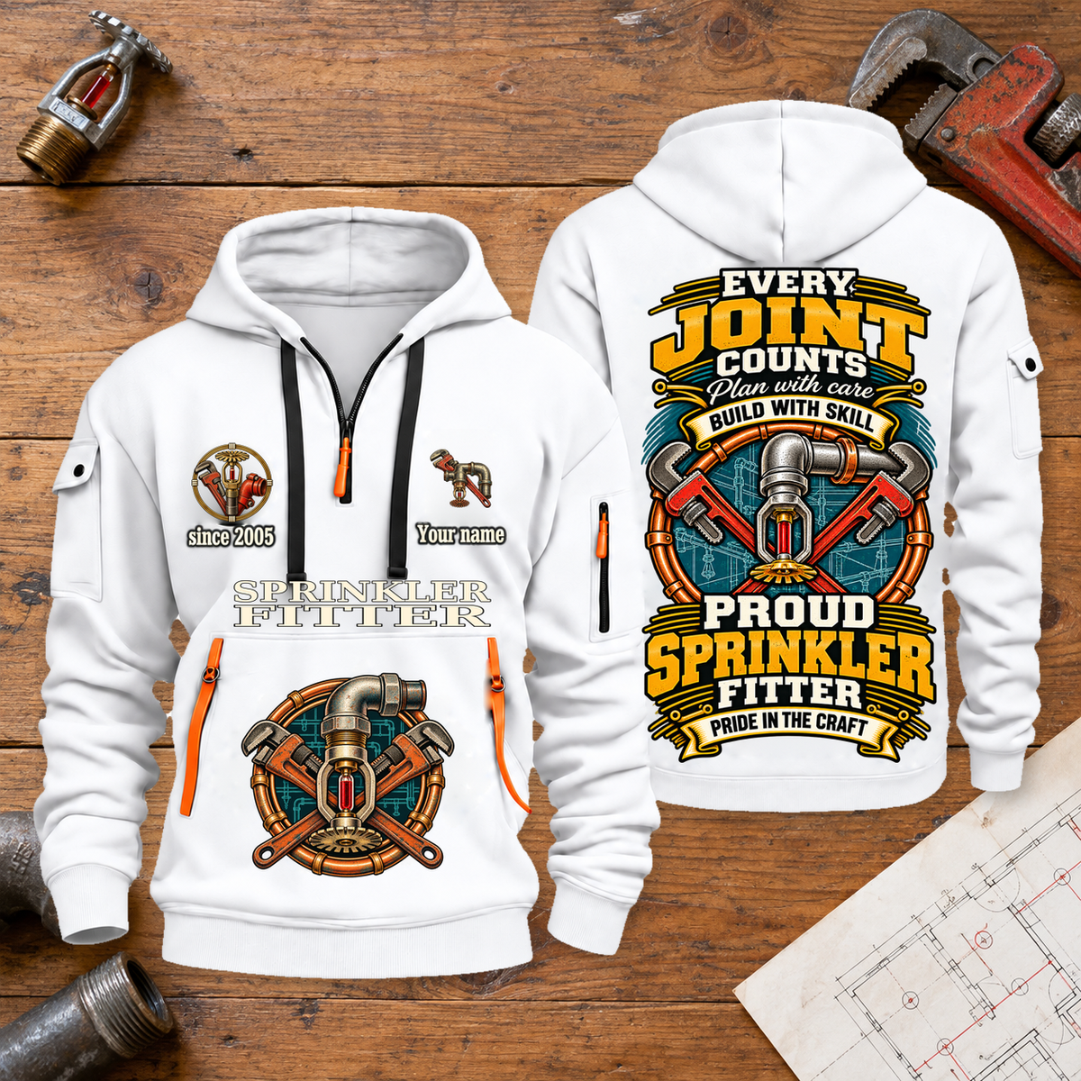 Sprinkler Fitter Every Joint Counts Quarter-Zip Hoodie in White, full front and back views on a sprinkler fitter workbench.